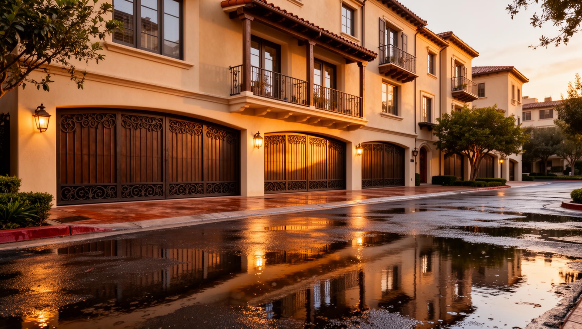 Spanish colonial style garage doors with decorative iron grilles on upscale townhouse